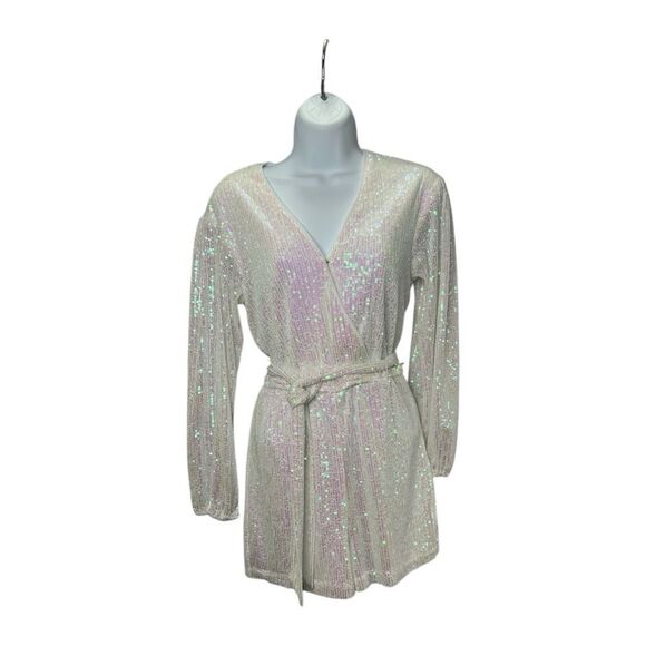 Crystal Sky White Sequin Iridescent Long‎ Sleeve Romper Sz Small - Picture 1 of 7